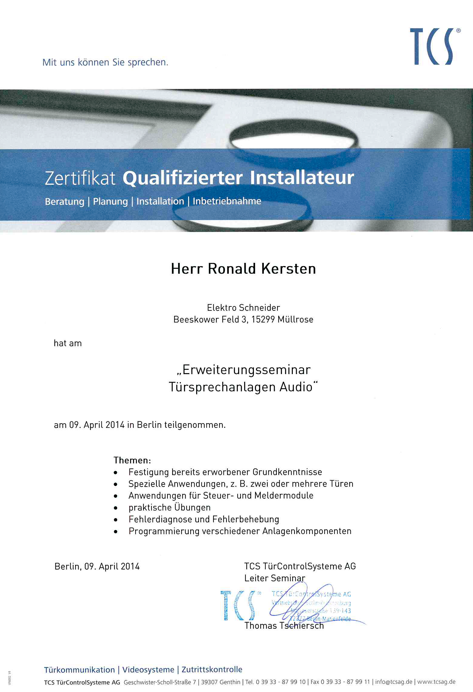 Ronald Kersen; Erweiterungsseminar: Türsprechanlagen Audio